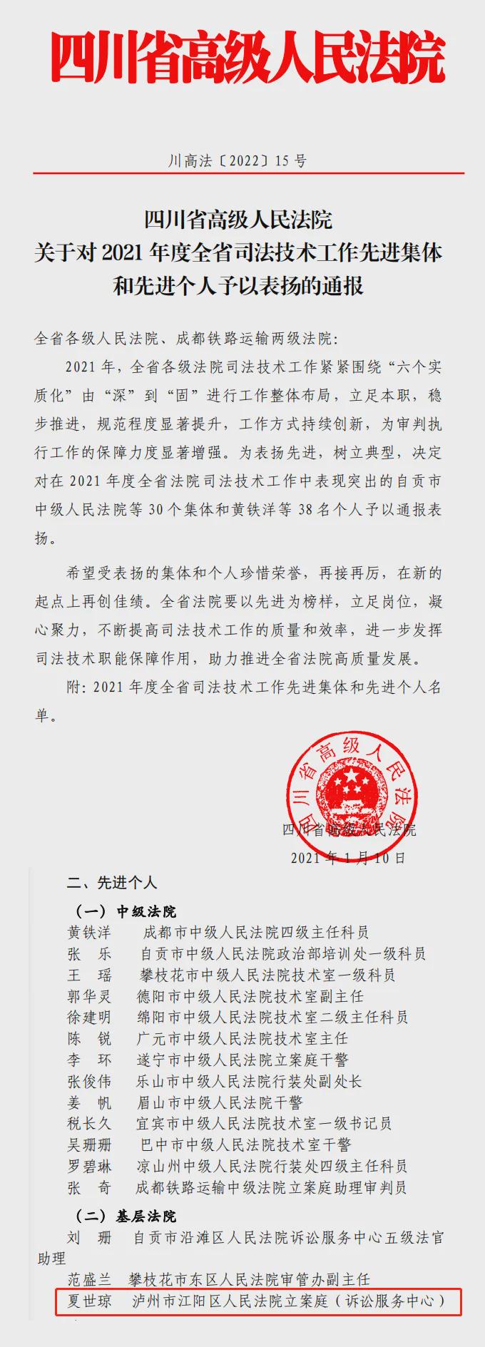 江陽法院法官夏世瓊被授予“全省法院司法技術工作先進個人”稱號